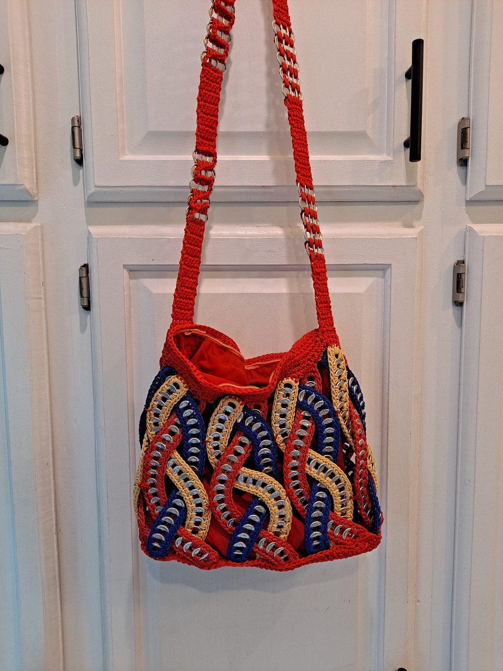 Artisan Red Blue Tan Crochet Pop Top Artistic Unique Bucket Upcyled Shoulder